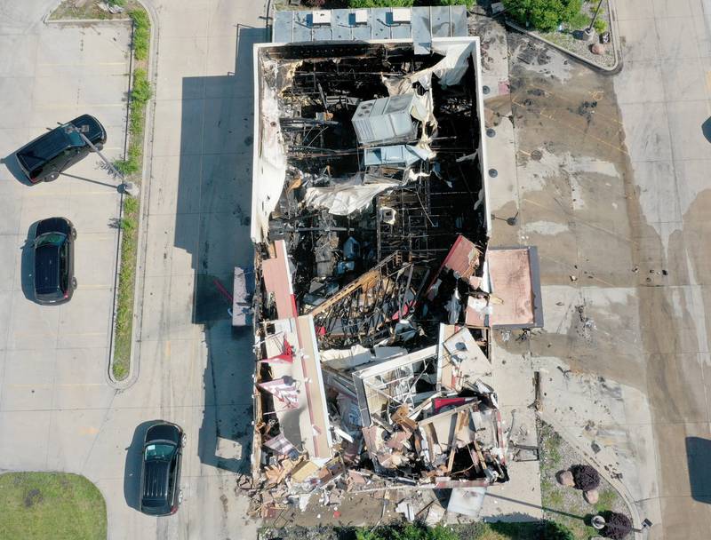 An aerial view of the KFC aftermath of a fire that occurred on June 28, 2022 in La Salle.