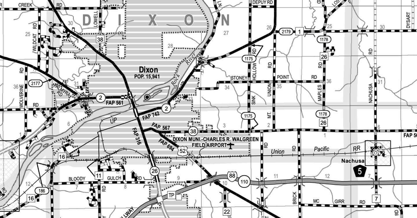 Map showing Nachusa, far right, in relationship to Dixon. Dixon Public Schools wants to purchase campus from Lutheran Social Services of Illinois to establish a therapeutic day school on the site.