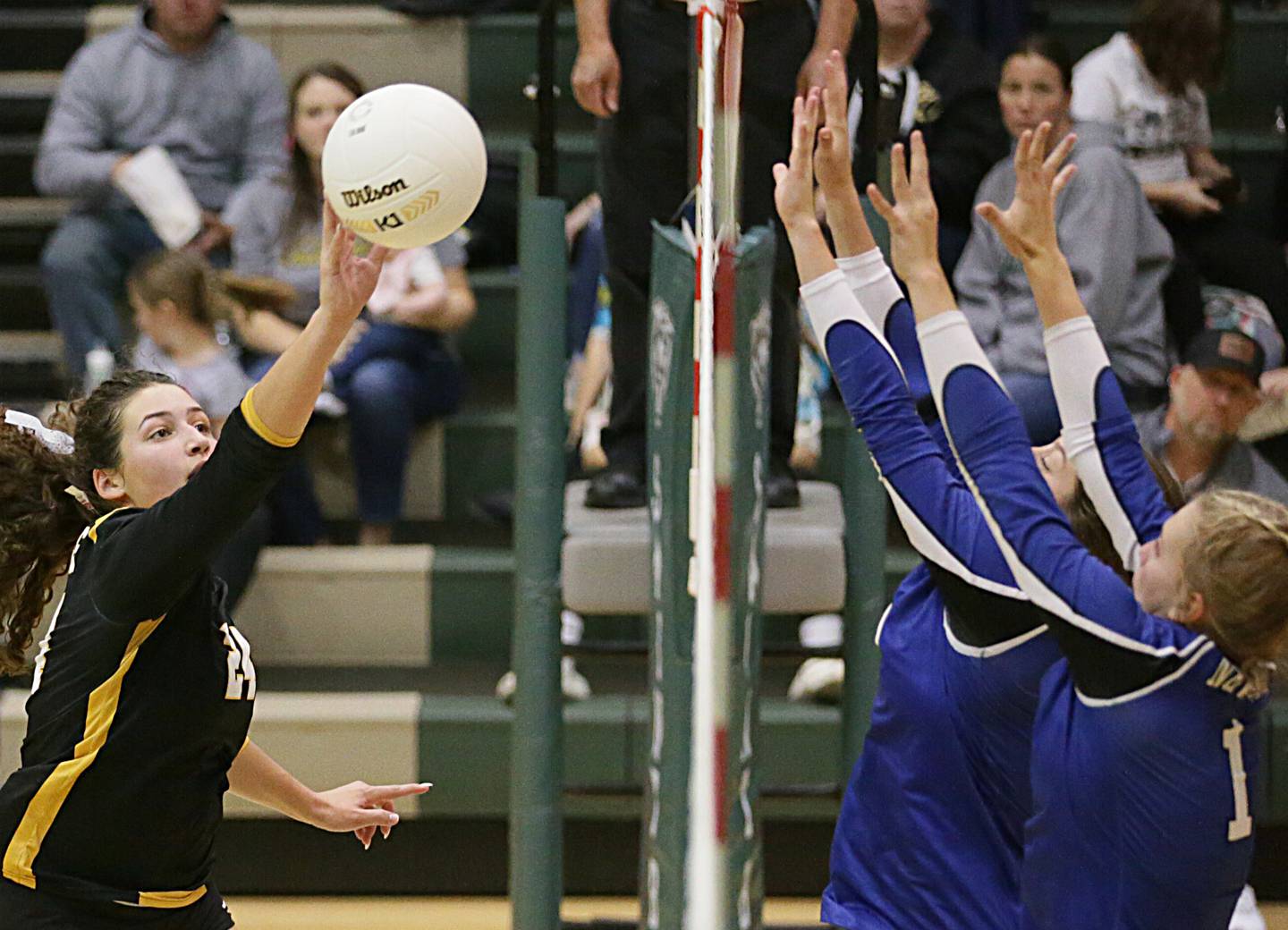 Putnam County's Maggie Richetta pushes the ball to the Newark side of the net in the Class 1A semifinal game on Wednesday, Oct. 16, 2022 at St. Bede Academy in Peru.