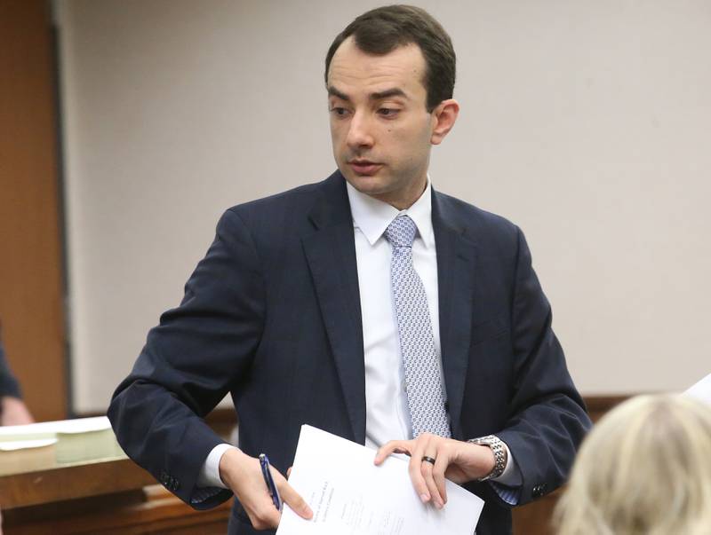Lead prosecutor attorney Mark Shlifka, presents an exhibit during a mini trial evidentiary hearing regarding the Chester Weger case on Monday, May 12, 2025 at the La Salle County Government Complex in Ottawa.