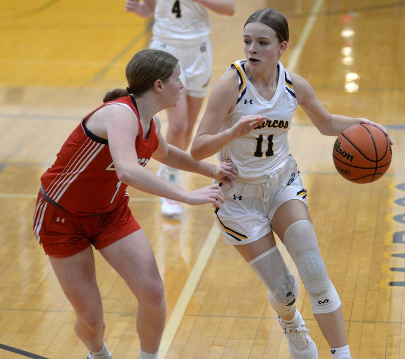 Polo's Courtney Grobe (11) dribbles as Oregon's Madison Shaffer (1) defends during Tuesday, Dec. 5, 2023 action at Polo High School.