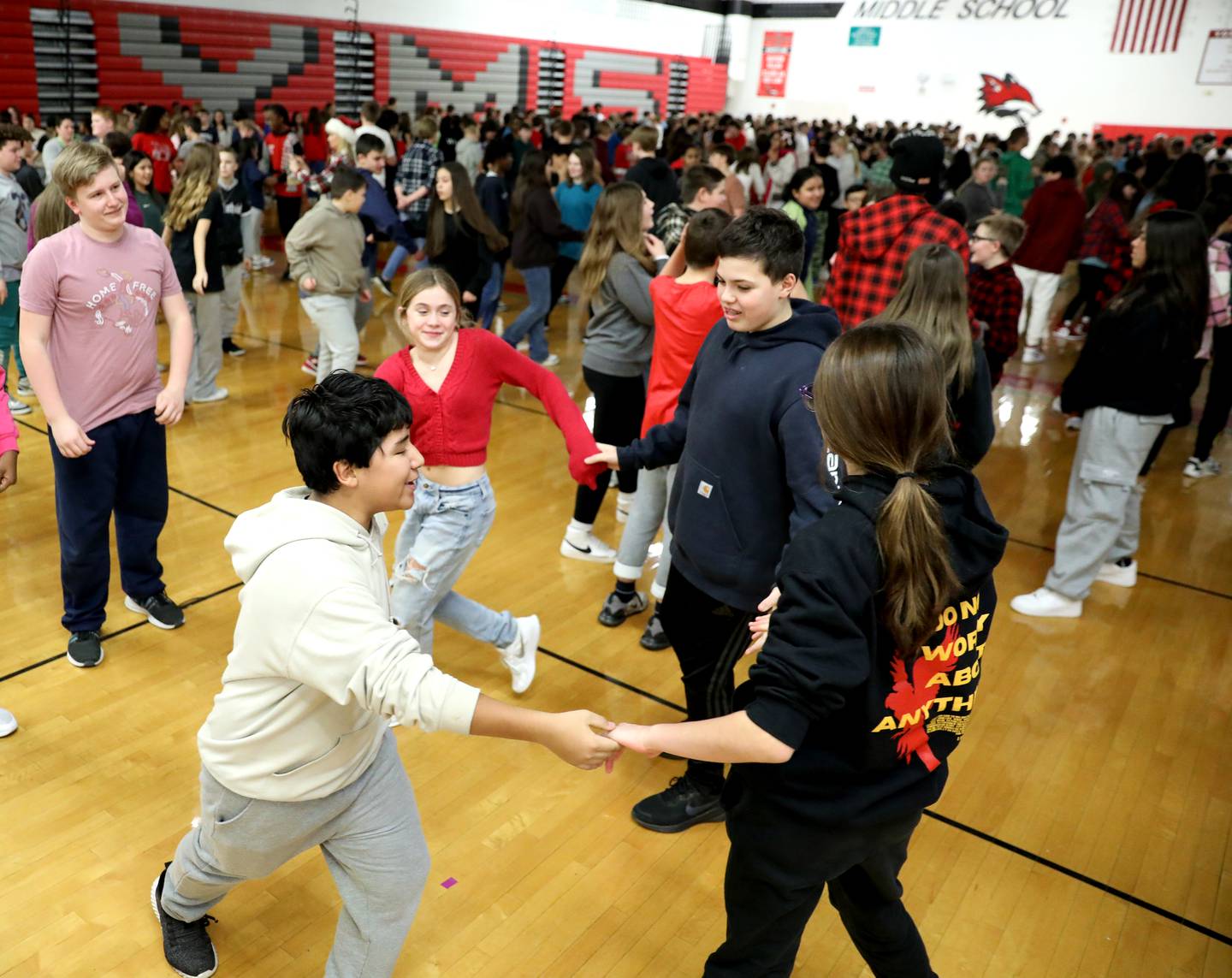 Yorkville Middle School students participate in the school’s physical education department’s  50th annual Square Dance Jubilee on Friday, Dec. 20, 2024 in Yorkville.