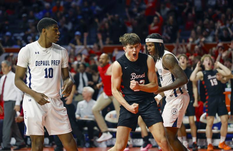 Benet’s Edvardas Stasys (23) celebrates a three-pointer late in the game against DePaul College Prep during the IHSA Class 4A boys basketball state semifinal Friday, March 13, 2026 at the State Farm Center in Champaign.
