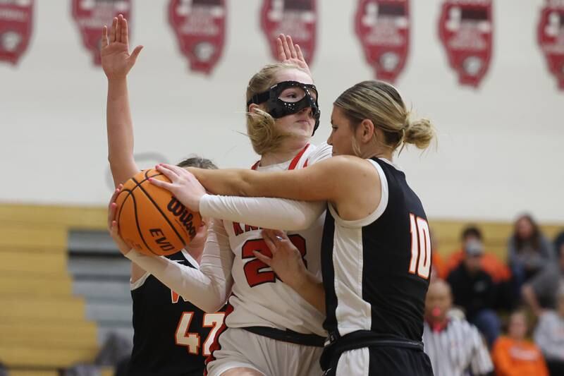 Lincoln-Way Central’s Brooke Baechtold looks to dish off the rebound against Lincoln-Way West on Tuesday, Jan 28, 2025 in New Lenox.