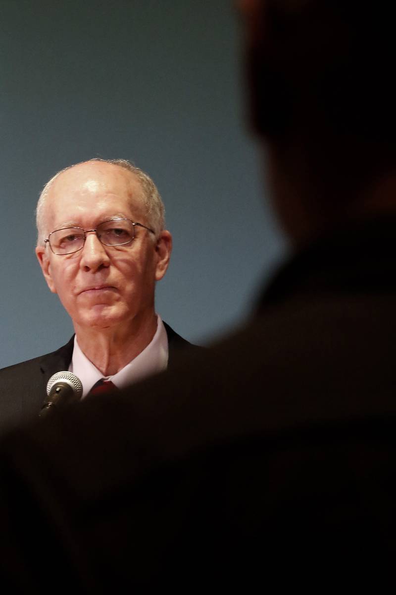 Democratic U.S. Rep. Bill Foster Listens to a question during a town hall on Wednesday, April 16, 2025, at McHenry County College's Luecht Auditorium in Crystal Lake.
