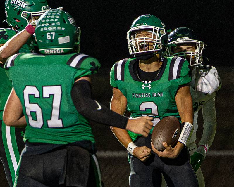 Gunnar Varland (2) of Seneca celebrates touchdown in end zone on Friday, Oct. 10, 2025 at Seneca High School in Seneca.
