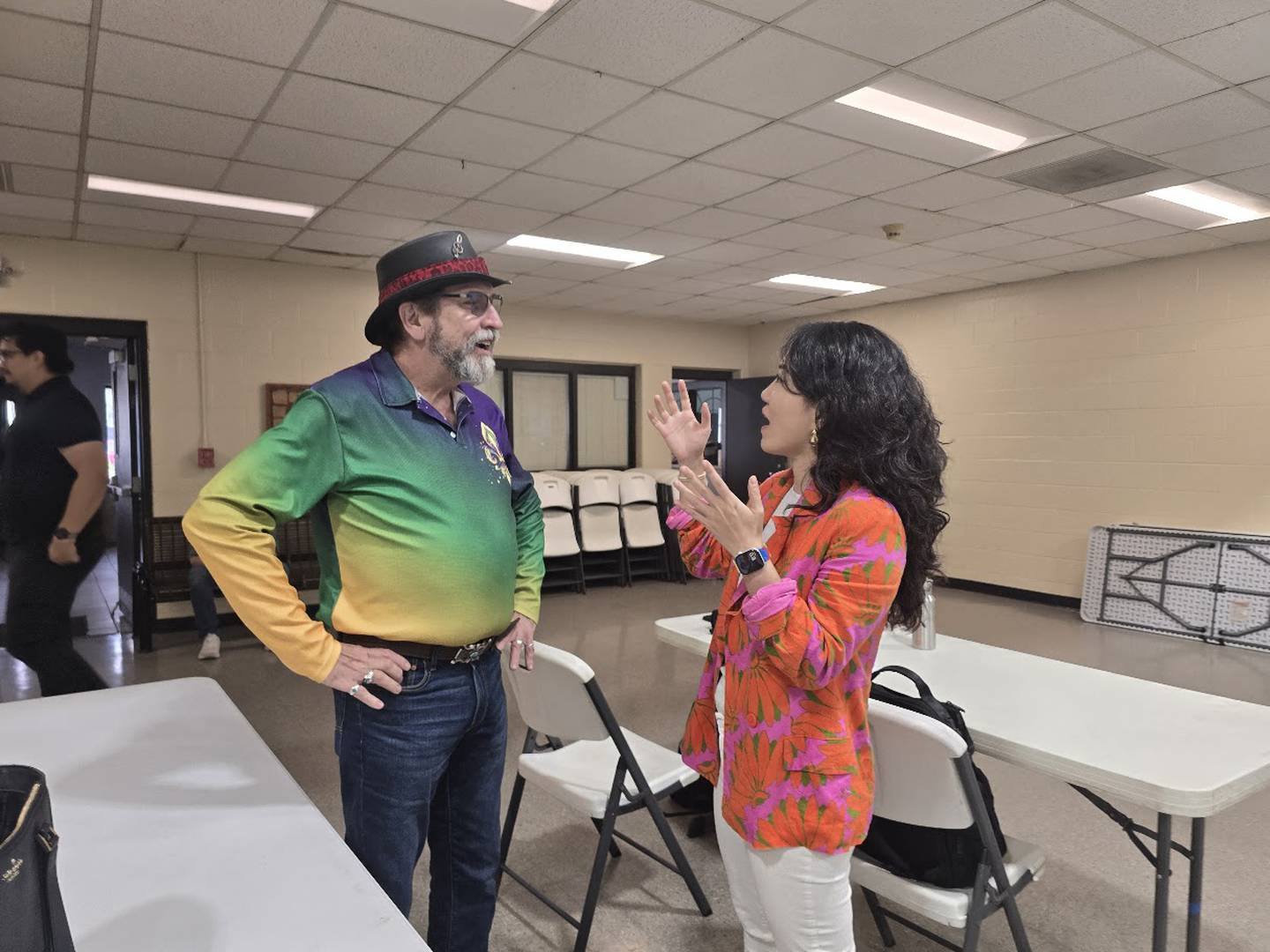 Joliet Arts Commission Chairman Tom Grotovsky (left) chats with Sijia Chen, the Los Angeles-based multimedia artist for the Dome of Unity sculpture for Joliet’s $9 million city square, at a public art workshop on Saturday, Oct. 18, 2025, in Joliet.