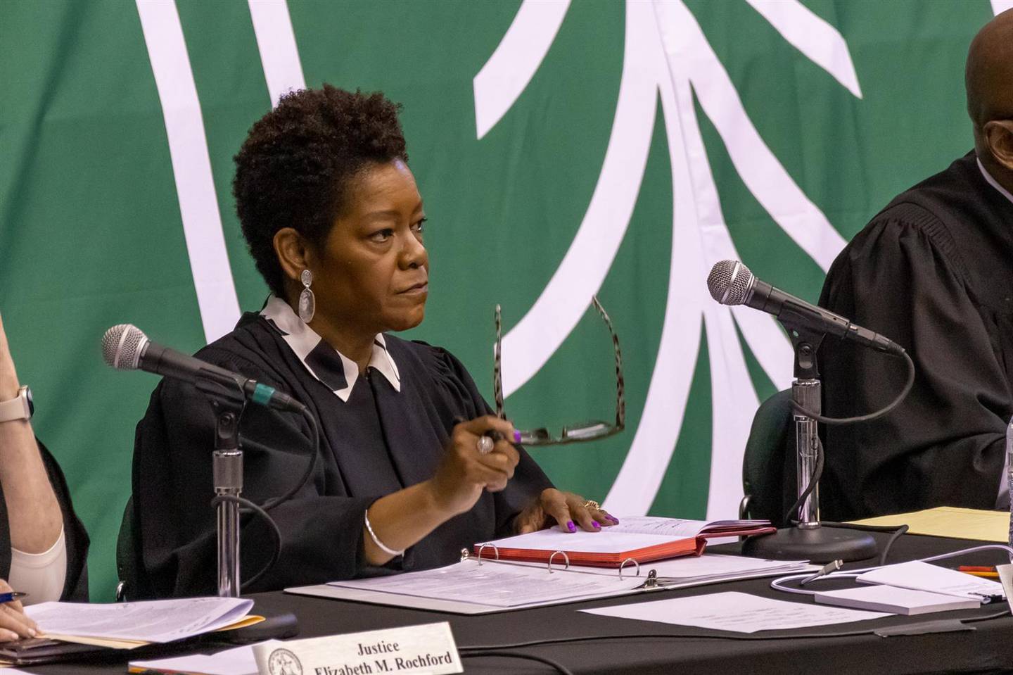 Illinois Supreme Court Justice Lisa Holder White asks questions at the court's remote oral arguments held on the campus of Chicago State University on May 11.