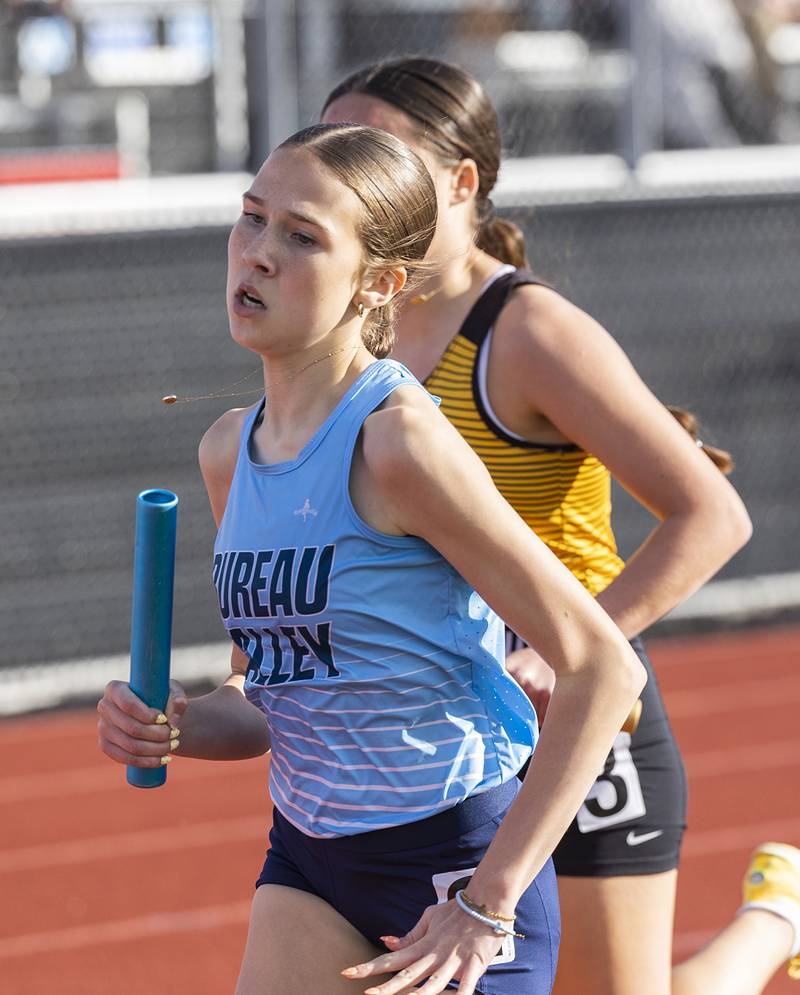 Bureau Valley’s Harper Wetzell eyes the finish for her team in the 4x8 Wednesday, May 13, 2026, during the Class 1A Erie Sectional meet.