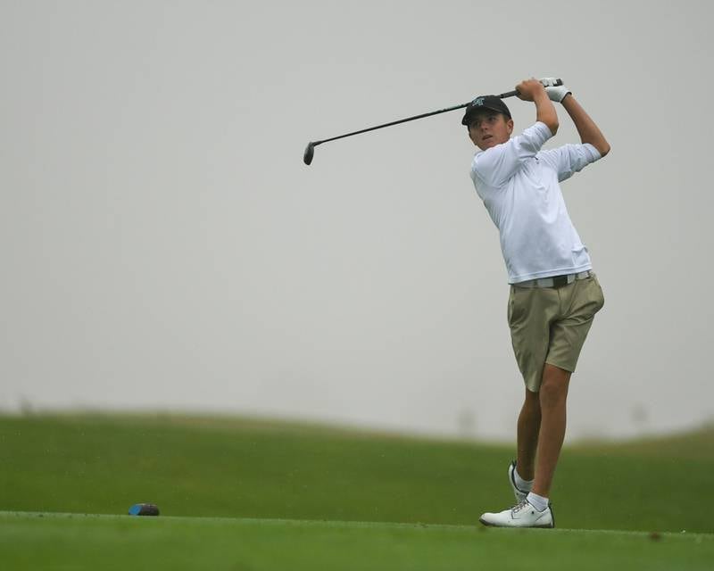 Lyons Township's golfer  Finley Tyrell tees off during the West Suburban golf match on Tuesday Sept. 24, 2024, held at Prairie Bluff Golf Course in Crest Hill.