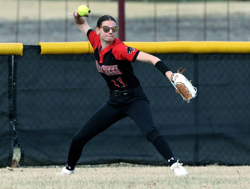 Indian Creek’s Taylor Edwards gets the ball back into the infield after a hit during their game against Genoa-Kingston Tuesday, March 18, 2025, at Indian Creek High School in Shabbona.