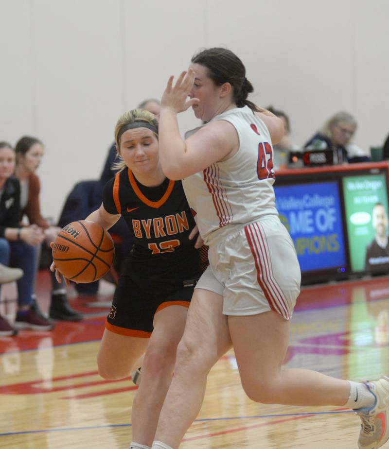 Byron's Karsyn Bielskis drives to the basket as Oregon's Teagan Champley defends on Wednesday, Jan. 10, 2024 at the Blackhawk Center in Oregon.