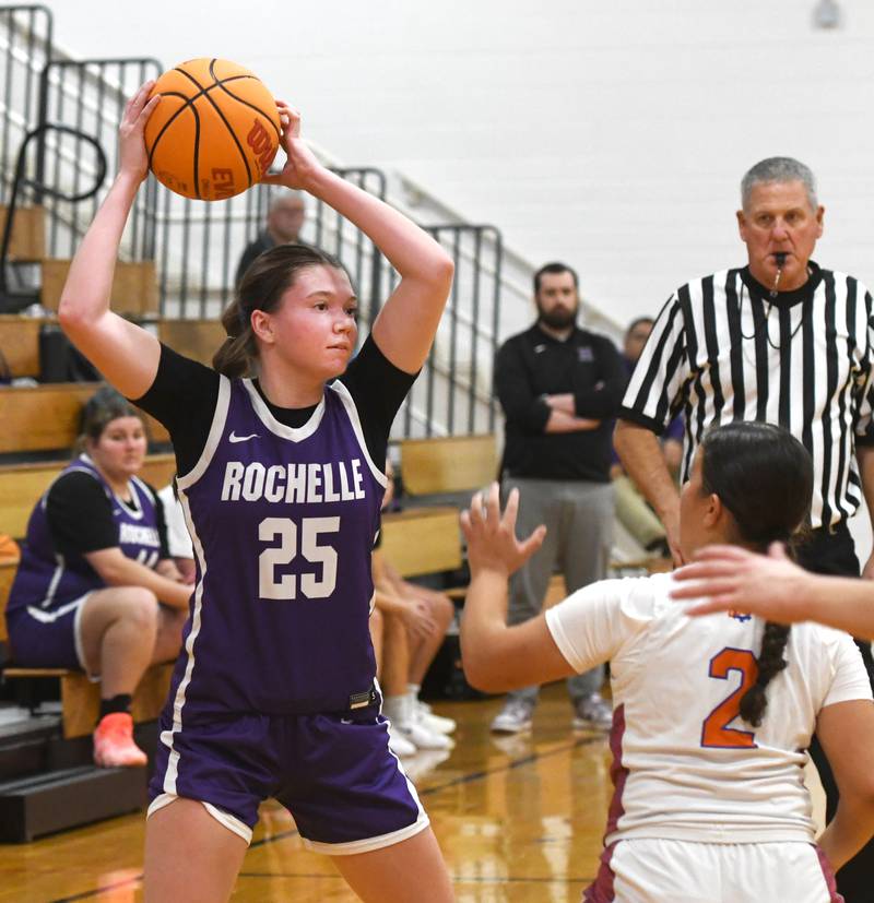 Rochelle's Jaydin Dickey (25) looks to pass against Genoa-Kingston at the Oregon Girls Tip-Off Tournament on Wednesday, Nov. 19, 2025  in Oregon.