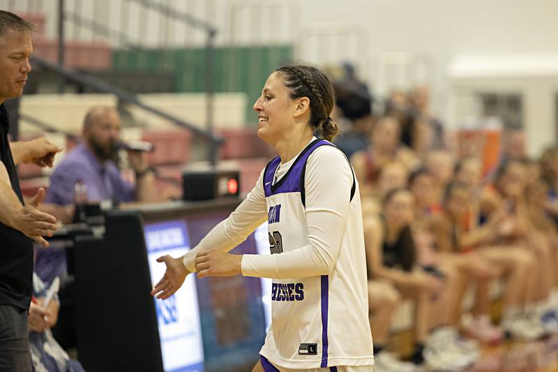 Dixon’s Harvest Day celebrates her three-point contest win Thursday, June 15, 2023 during the Sauk Valley Media All-Star Basketball Classic at Sauk Valley College.