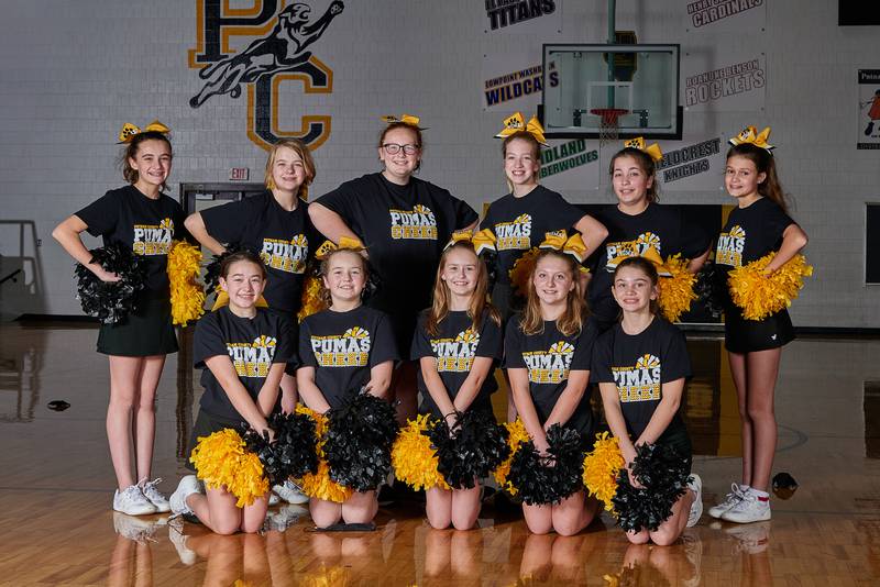 Members for the 2021-2022 Putnam County Junior High cheerleading squad are: Aurora Bickerman, Meghan Wiley, Avery Grasser, Eden Carlson, Sarah Schennum, Sofia Borri, Brianna Sager, Samantha Marciniak, Piper Terando, Tessa Gerling and Ella Schrowang and coaches Kelly Borri and Jodie Carlson.