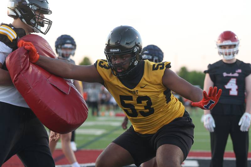 Joliet West’s Savon Jamison runs a drill at the IHSA Southwest Suburb Showcase combine on Thursday, May 7, 2026 at Plainfield North High School.