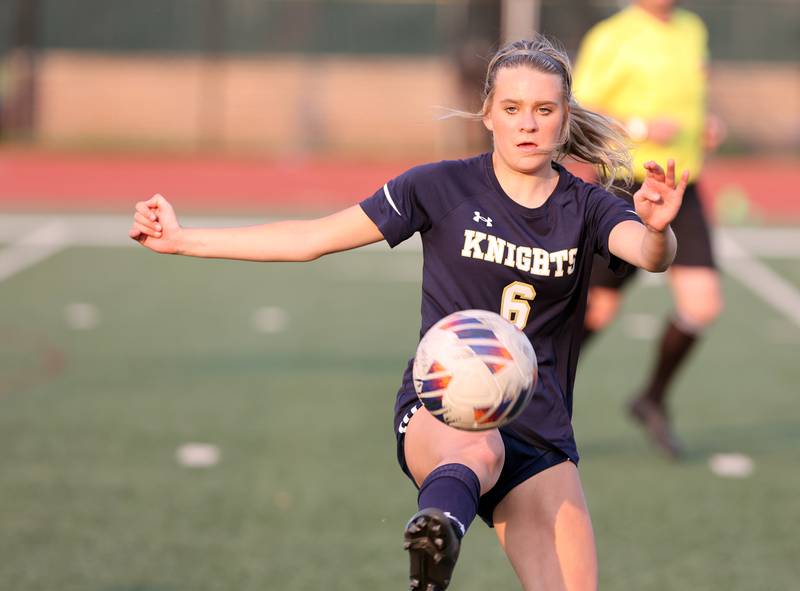 IC Catholic's Matea O'Donnell (6) concentrates on the ball during the IHSA Class 1A girls soccer super-sectional match between Richmond-Burton and IC Catholic at Concordia University in River Forest on Tuesday, May 23, 2023.