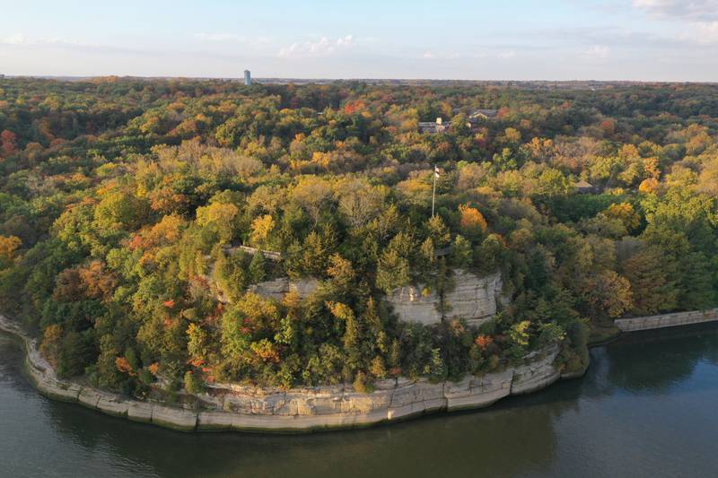 An aerial view of the fall colors over Starved Rock above the Illinois River on Tuesday, Oct. 24, 2023 at Starved Rock State Park