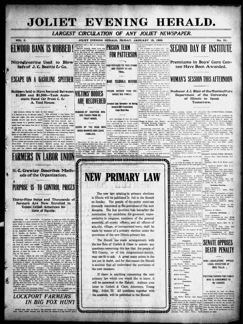 The cover of the Joliet Evening Herald on Jan. 19, 1906