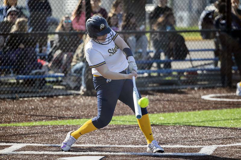 Sterling’s Ellie Leigh crushes a pitch to straight center for a home run against Morrison Wednesday, April 26, 2023.