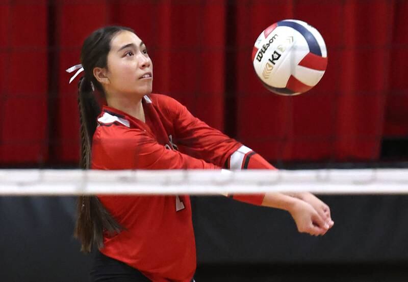 Indian Creek's Mia Riffell bumps the ball during their match against Hiawatha Tuesday, Oct. 15, 2024, at Indian Creek High School in Shabbona.