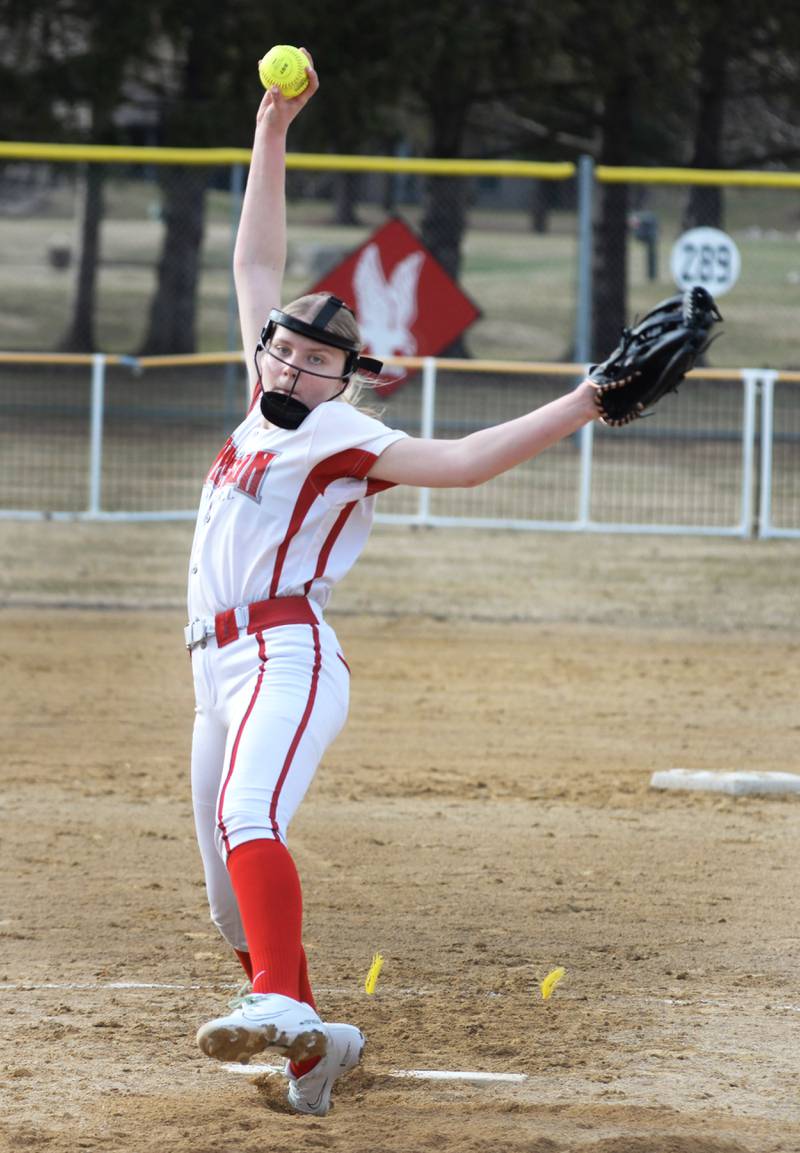 Oregon's Isabelle Berg winds up to deliver a pitch against Amboy on Tuesday, March 18, 2025 at Oregon Park West.