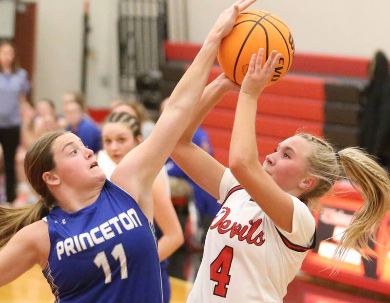Princeton's Makayla Hecht blocks Hall's Charlie Pellegrini's shot on Monday, Jan. 6, 2025 at Hall High School.