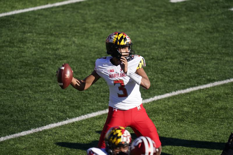 Maryland quarterback Taulia Tagovailoa (3) throws during an NCAA college football game against Indiana, Saturday, Nov. 28, 2020, in Bloomington, Ind. (AP Photo/Darron Cummings)
