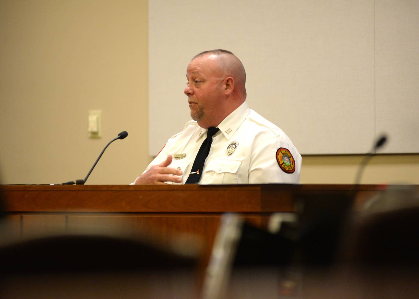 Mount Morris Fire Captain Ryan Fletcher testifies during the Matthew Plote trial at the Ogle County Judicial Center in Oregon on Tuesday, March 19, 2024.