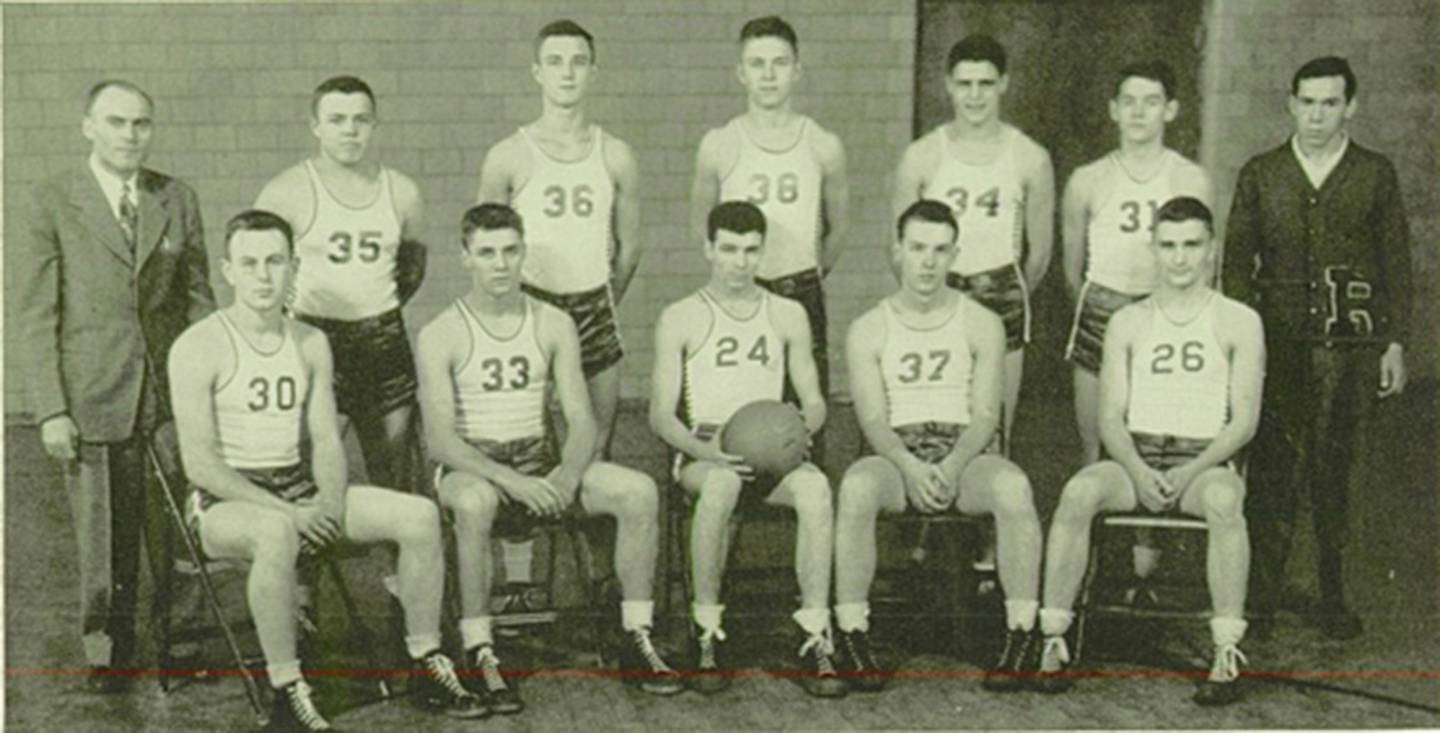 The 1946-47 Rock Falls High School basketball team went 25-1 and won an Illinois High School Association regional championship. They were unbeaten during the regular season. Pictured are (bottom row, from left) Dick Houston, Doug Unger, Don Harrington, Lyle Bogott and Bill Ebenezer; and (top row) Coach Lloyd Hinders, Don Stevens, Kenny Onken, Marvin Courtright, Wayne Smith, Cal Morgan and manager Eddie Fritz.
