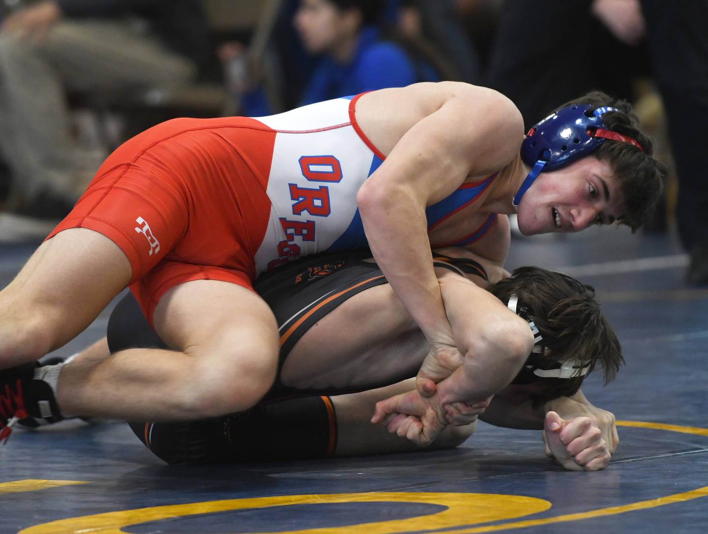 Oregon's Nelson Benesh (top) wrestles Freeport's Thomas Olson in the 138-pound championship match at the Polo Wrestling Invitational on Saturday, Jan, 10, 2026 at Polo High School.