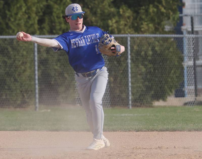 Newman's Garret Matznick throws to second base against Bureau Valley on Monday, March 30, 2026 at Bureau Valley High School.