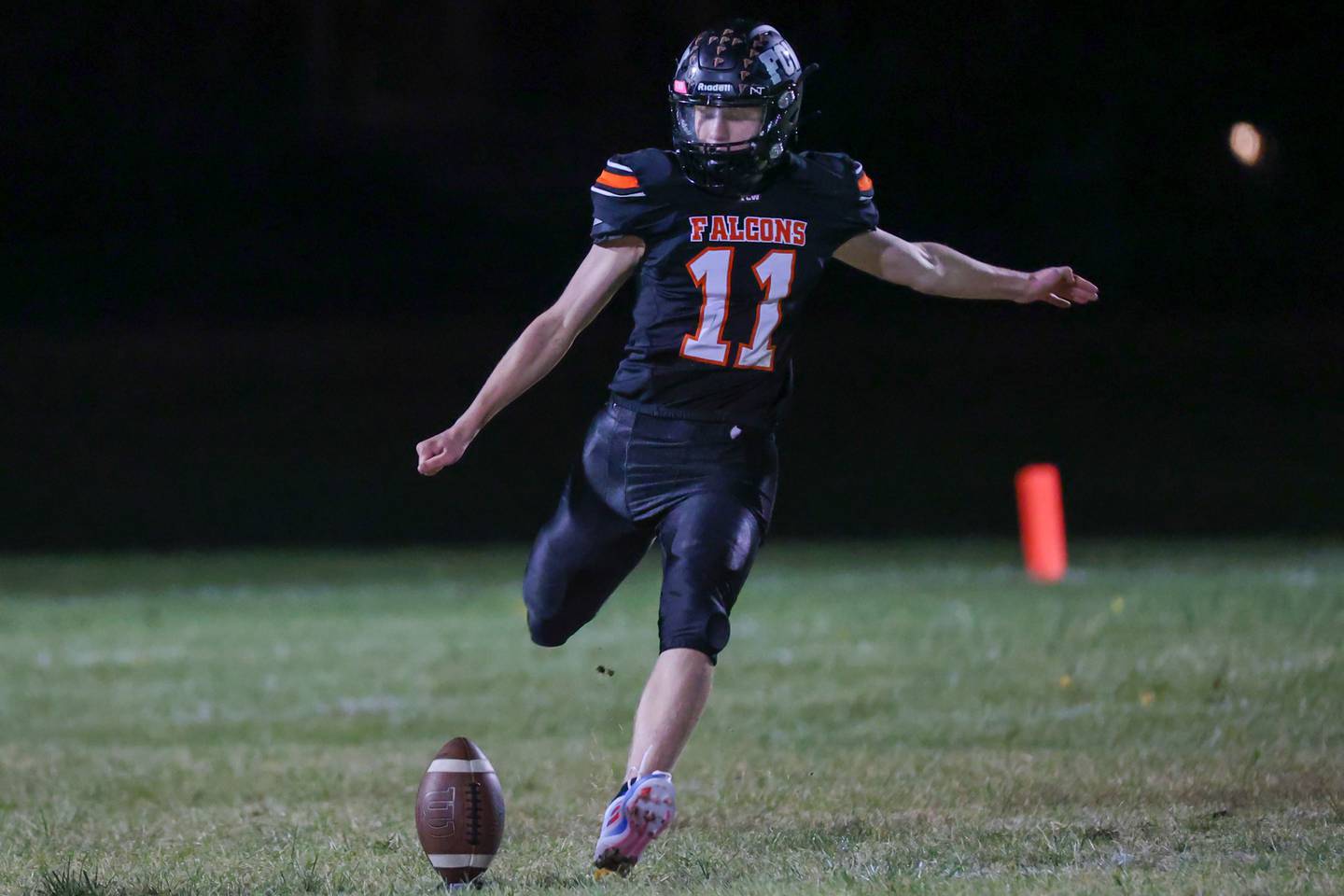 Connor Decker of Flanagan-Cornell/Woodland kicks ball on Friday, October 25, 2024 at Flanagan High School in Flanagan.