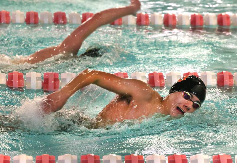 DeKalb-Sycamore co-op swimmer Sam De La Cruz competes in the varsity 200 yard freestyle Thursday, Jan. 23, 2025, during their meet against Metea Valley at the Huntley Middle School Pool in DeKalb.