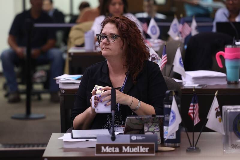 Will County board member Meta Mueller sits in on the Will County board meeting on Thursday, Aug. 17, 2023 in Joliet.