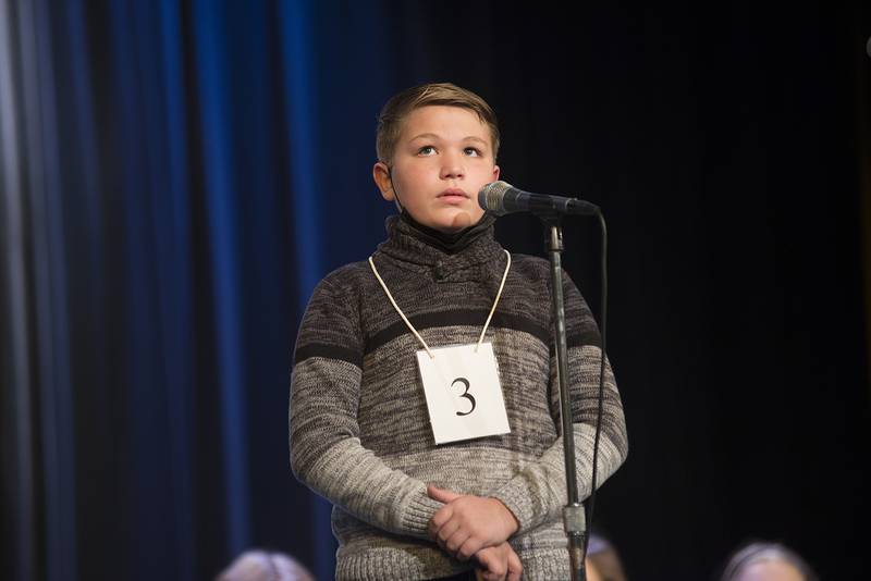 Maximus Macklin of Washington Elementary School competes in the Lee-Ogle-Whiteside Regional Spelling Bee Thursday, Feb. 24, 2022. Macklin misspelled the word “caterpillar.”