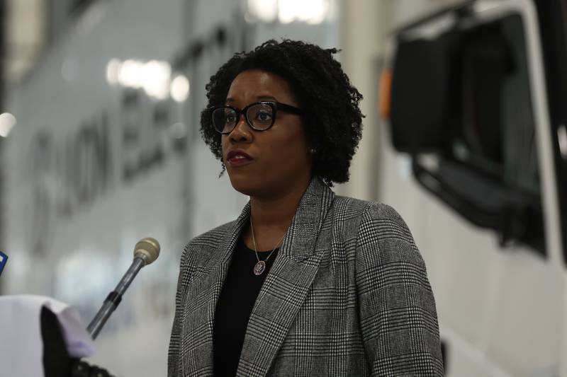 Congresswoman Lauren Underwood speaks during a press conference and interactive tour of the Lion Electric vehicle manufacturing facility. Monday, Mar. 21, 2022, in Joliet.