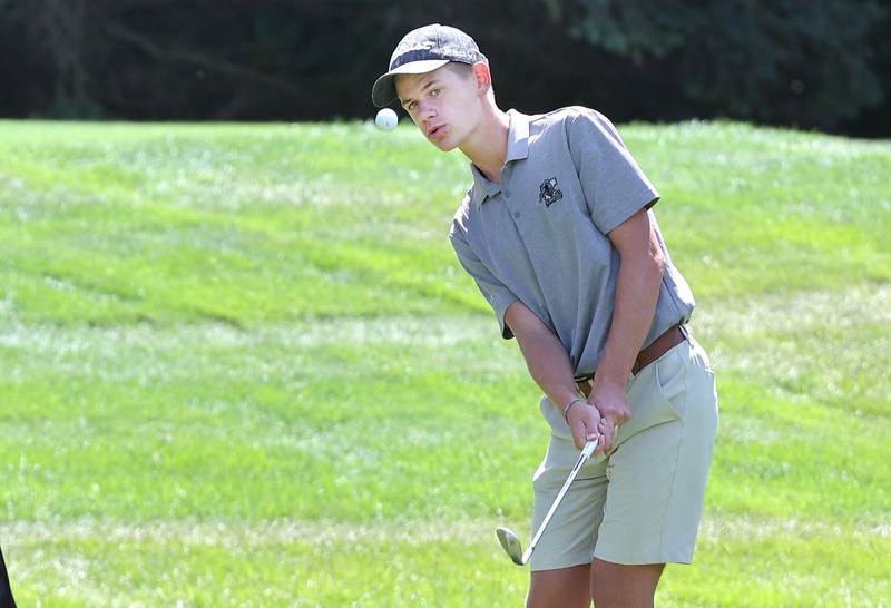 Kaneland's Brad Franck chips onto the 3rd green Monday, Aug. 22, 2022, during the Mark Rolfing Cup at Kishwaukee Country Club in DeKalb.