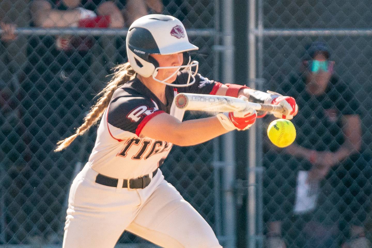 Plainfield North's Alexandra Sikora (6) bunts the ball against Yorkville during the Class 4A Yorkville Regional softball final at Yorkville High School on Friday, May 26, 2023.
