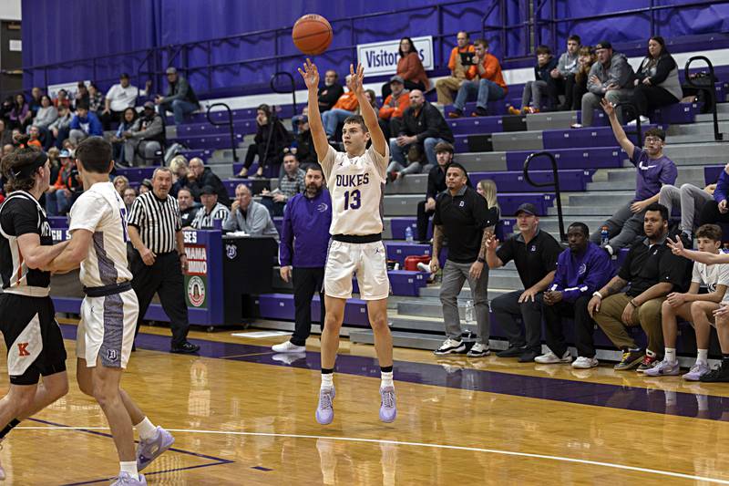 Dixon’s Cullen Shaner puts up a three point shot against Kewanee Tuesday, Nov. 28, 2023 in Dixon.