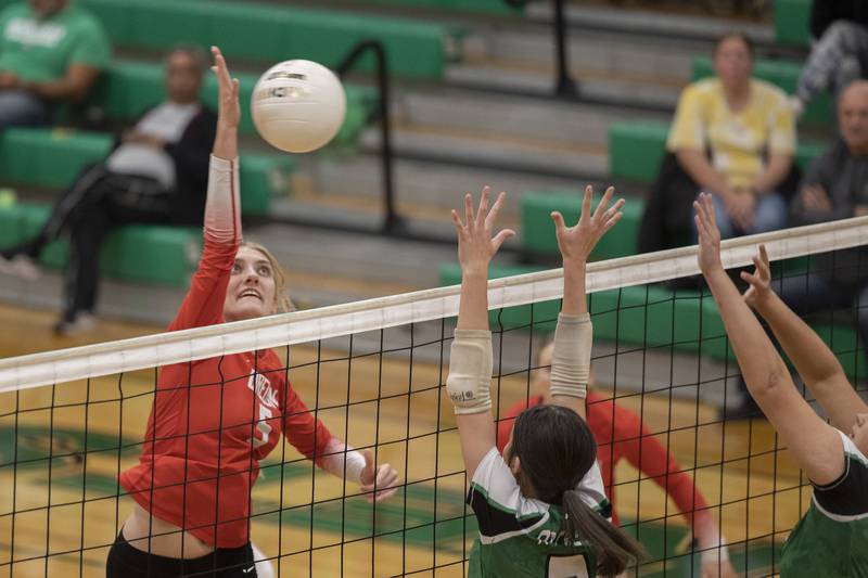 Oregon’s Skylar Bishop makes a shot against Rock Falls Wednesday, Oct. 22, 2025.