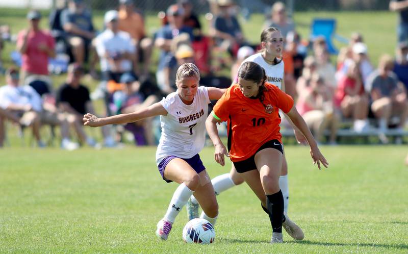 Crystal Lake Central’s Addison Schaffer, right, races  Hononegah’s Addison Johann for the ball in IHSA Class 2A Sectional Semifinal girls soccer on Monday, May 25, 2026 at Crystal Lake Central High School in Crystal Lake.