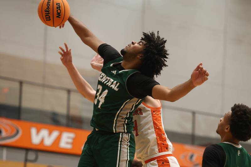 Plainfield Central’s Ares Collins blocks a shot against Lincoln-Way West on Saturday, Jan 3, 2026 in New Lenox.