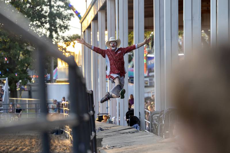 Hippie Engelkes entertains the crowd Wednesday, August 13, 2025, at the Whiteside County Fair during the Next Level Pro Bronc rodeo.