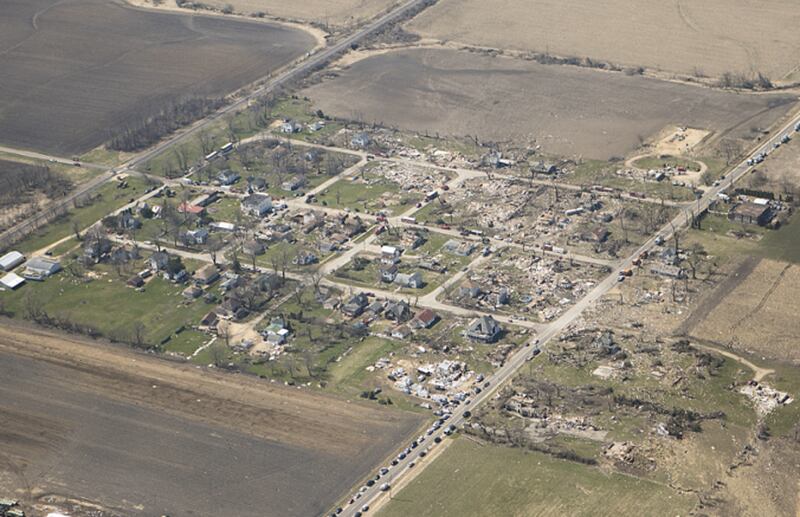 A path of destruction from the wedge tornado Thursday evening left a path of 
wreckage through the small town of Fairdale in DeKalb County on Friday, April 10, 
2015. Seventeen houses were leveled off the foundations, 11 people were 
transported, and two women confirmed dead after the tornado hit Fairdale around 
7:15 p.m.