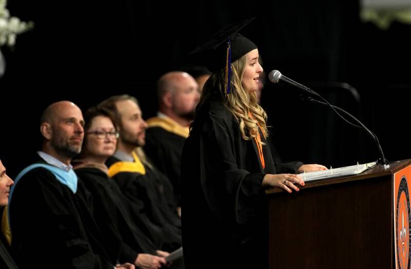 St. Charles East’s senior class president Ashley Lynne Case addresses her classmates during the school’s 2023 commencement ceremony at Northern Illinois University in DeKalb on Monday, May 22, 2023.