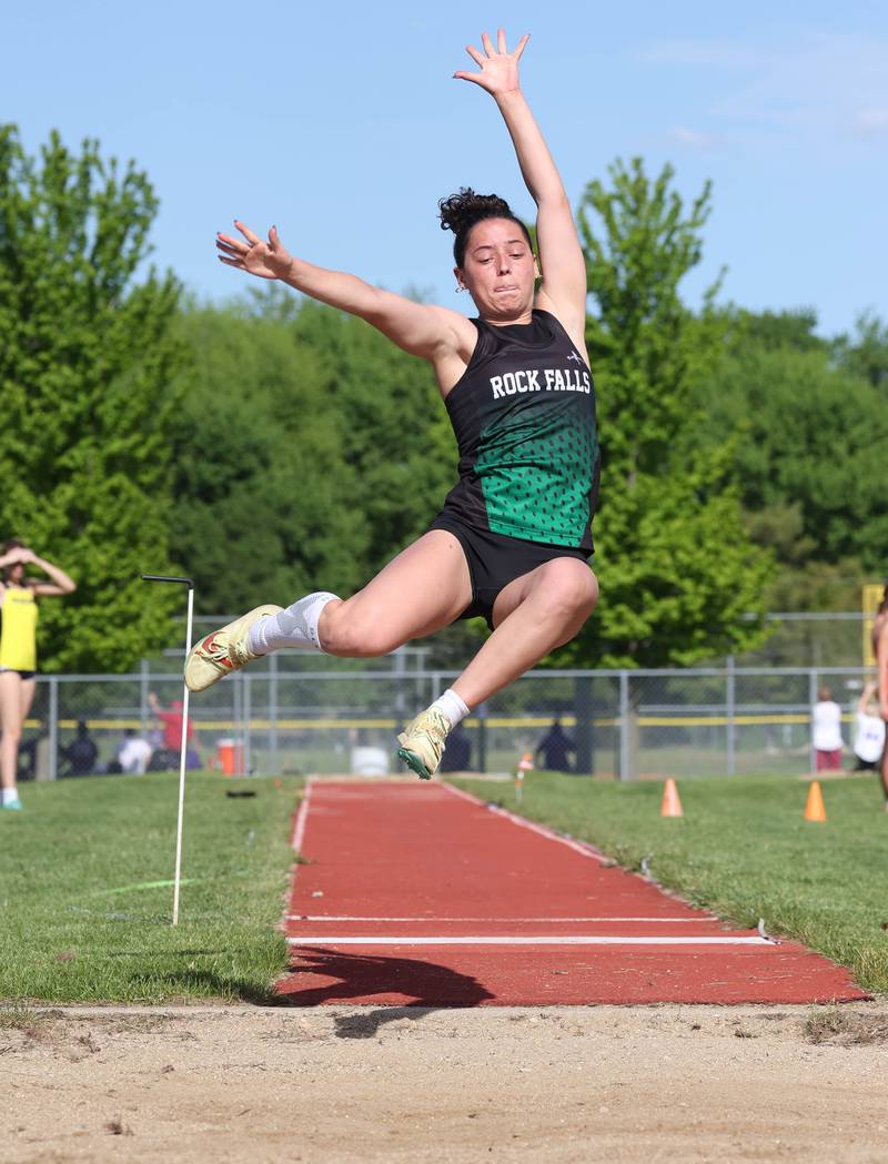 Rock Falls’ Carli Kobbeman participates in the long jump Wednesday, May 8, 2024, during the girls track Class 2A sectional at Rochelle High School.