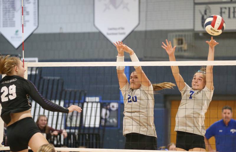 El Paso-Gridley's Aubrey Phillips sends the ball past Princeton's Ellie Harp and teammate Kathy Maciczak in the Class 2A Regional Semifinals on Tuesday, Oct. 29, 2024 at Fieldcrest High School.