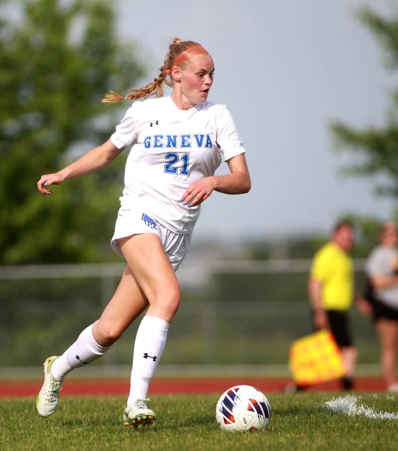 Geneva’s Lilly Coats dribbles the ball during a Class 3A South Elgin Sectional semifinal game against Wheaton North on Tuesday, May 21, 2024.