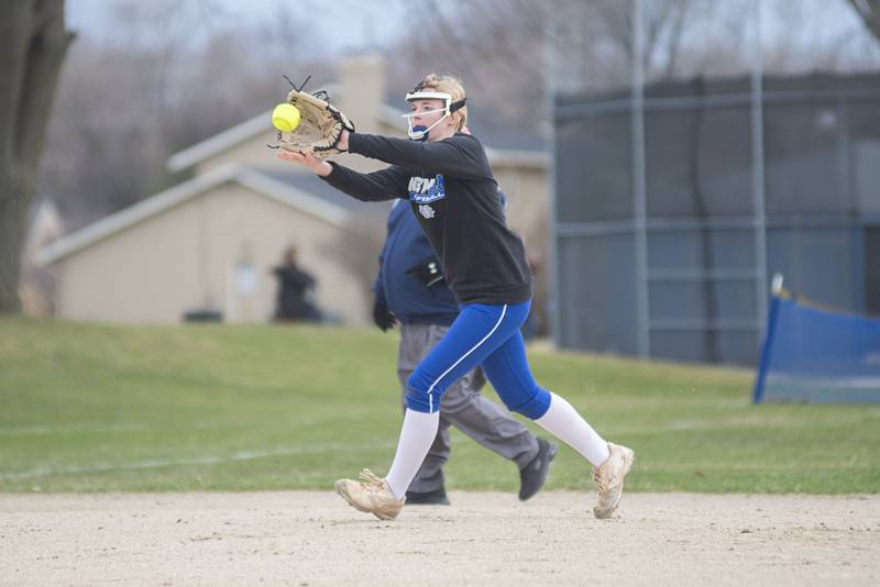Newman's Jess Johns snags a liner Wednesday, April 6, 2022 against Bureau Valley.
